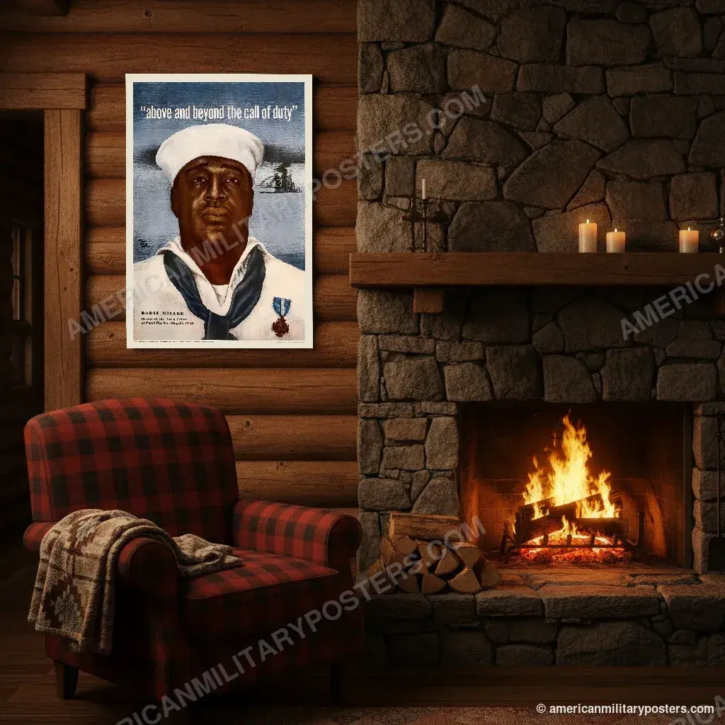 Above and Beyond the Call of Duty: Dorie Miller poster, unframed print above the fireplace in a log cabin