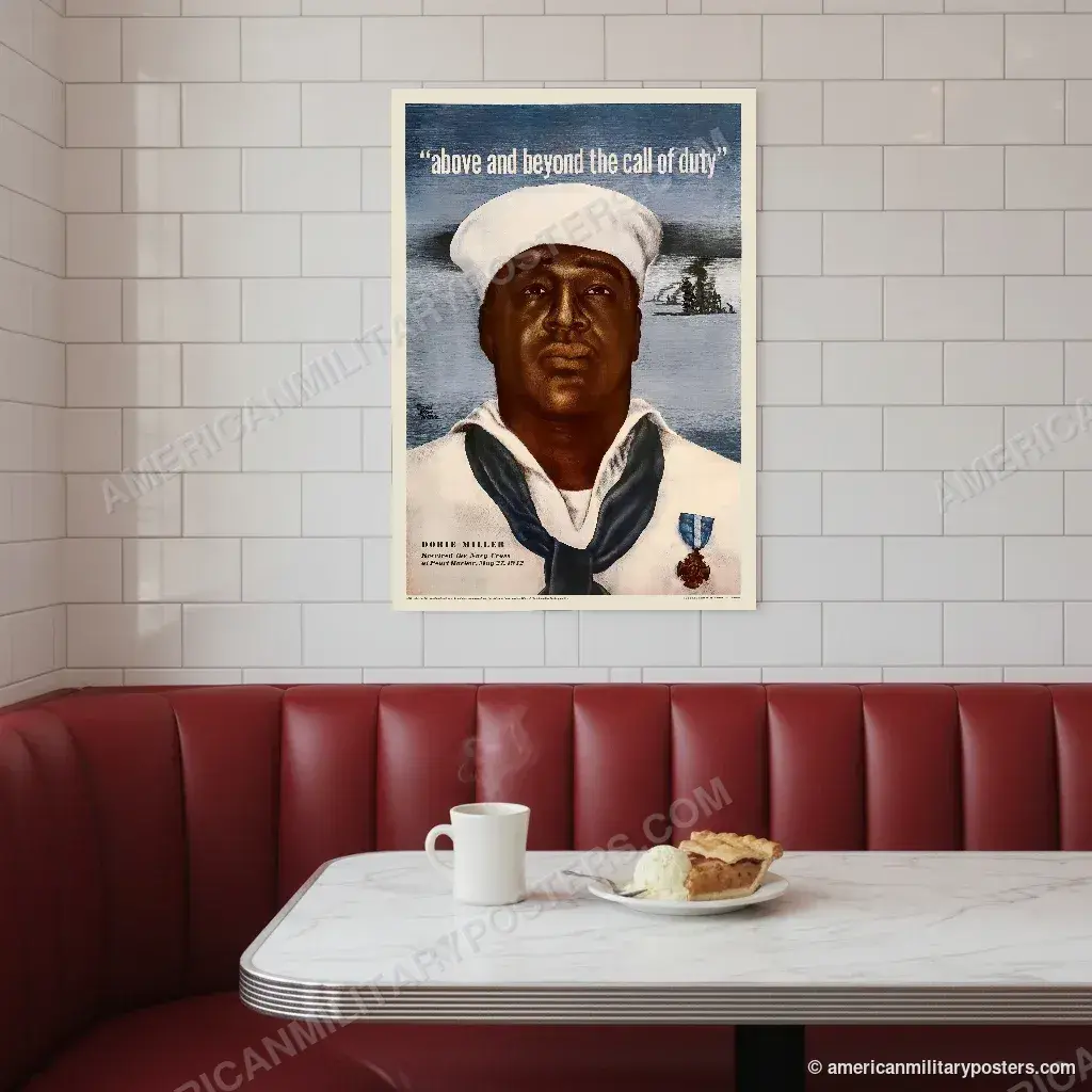Above and Beyond the Call of Duty: Dorie Miller poster, unframed print on a tiled wall above a retro diner booth