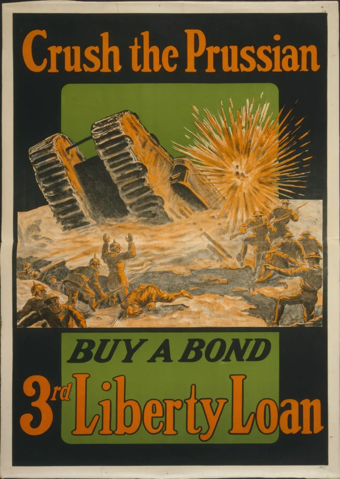 Crush the Prussian, Buy a Bond, 3rd Liberty Loan: the unrestored Library of Congress scan of the 1918 poster, with faded paper and a fold line