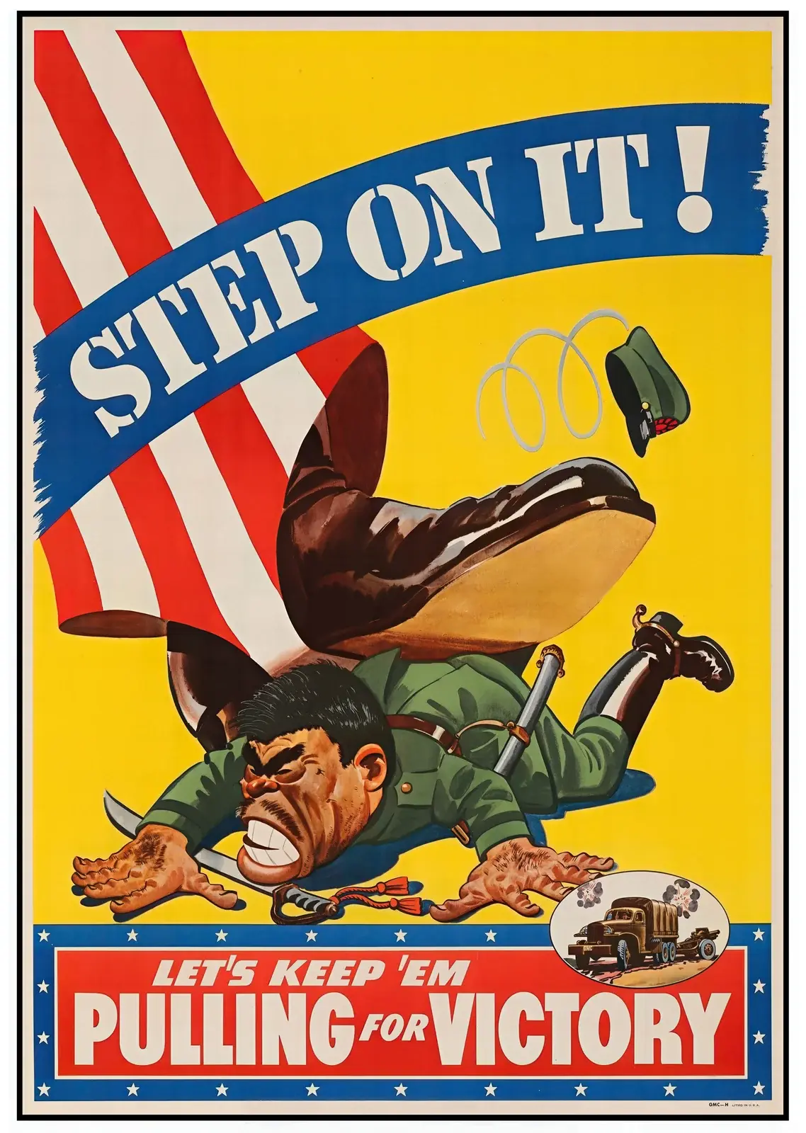 Step On It! Let’s Keep ’Em Pulling for Victory, an original print before restoration, with faded yellow, off-white paper and wear